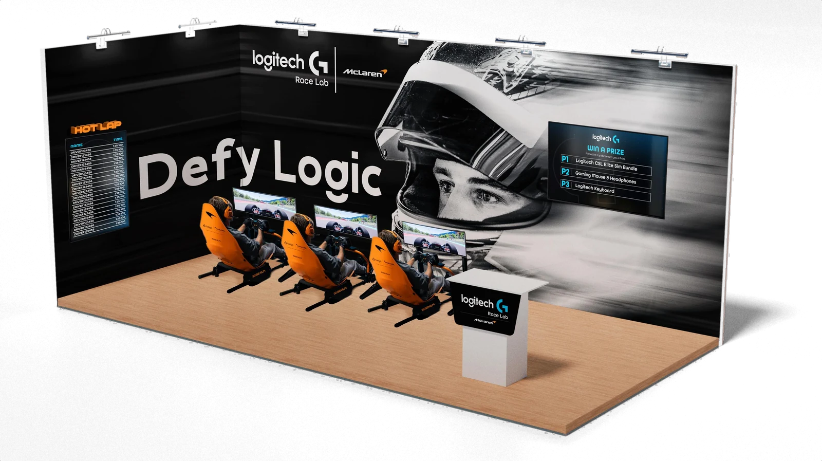 Concept render of a Logitech G Race Lab x McLaren activation stand with three sim rigs, a hot lap leaderboard and a prize screen